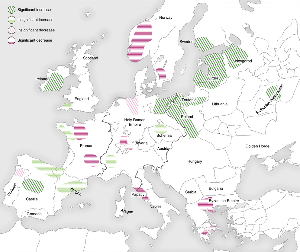 Figure 6.jpg; Caption: BDP-determined regional scenarios of Black Death demographic impact. Colours reflect centennial-scale changes in the cereal pollen indicators. Background map with political borders of 14th-c. Europe; Photo credit: Hans Sell, Michell